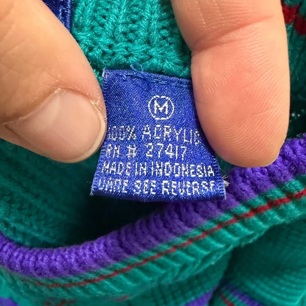 Vintage Melange 90s Teal Sweater Striped Cable Knit Crew Neck Womens Medium